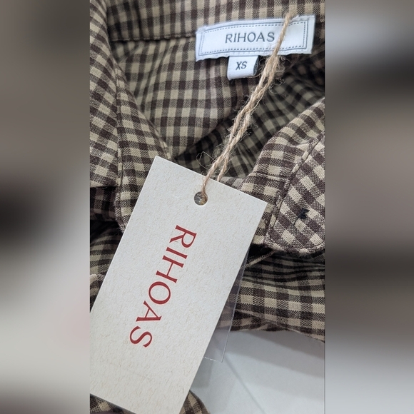 BNWT / XS / Rihoas / Brown Plaid Lapel Pleated Mini Dress - Picture 4 of 4